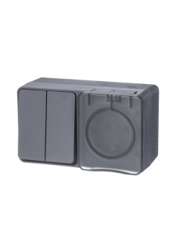ATLASDESIGN PROFI IP54 О/У БЛОК: РОЗЕТКА с заземл. со шт., 16А, ВЫКЛЮЧАТЕЛЬ 2-клав., 10АХ, АНТРАЦИТ