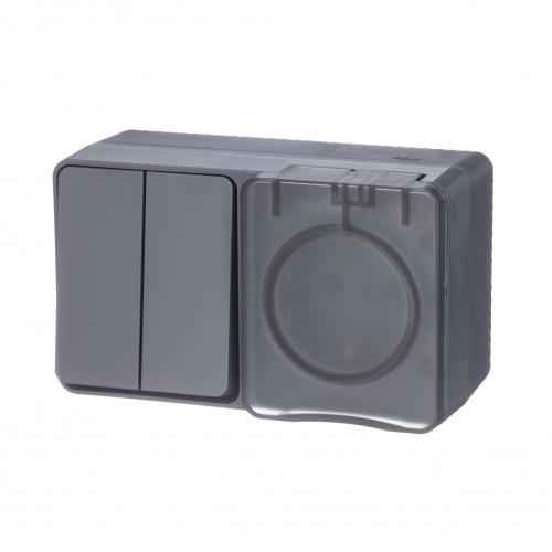 ATLASDESIGN PROFI IP54 О/У БЛОК: РОЗЕТКА с заземл. со шт., 16А, ВЫКЛЮЧАТЕЛЬ 2-клав., 10АХ, АНТРАЦИТ
