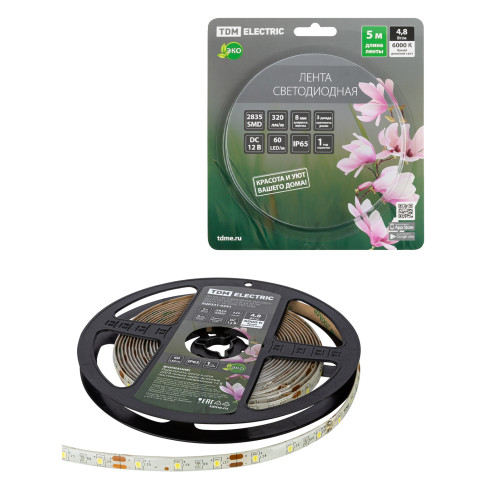 Лента светодиодная SMD2835-60 LED/м-IP65-12 В-4,8 Вт/м-6000 К (5 м) блистер TDM
