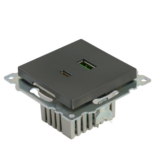 Розетка 2-местная USB + type C (механизм), 250В, 3А, max 20W, серия Катрин, графит, GLS10-7116-06 Розетка 2-местная USB + type C (механизм), 250В, 3А, max 20W, серия Катрин, графит, GLS10-7116-06