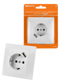 Розетка 2П+З с защ. шт. 16А 250В + USB порт 2,1А 5В белая 