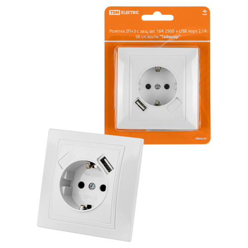 Розетка 2П+З с защ. шт. 16А 250В + USB порт 2,1А 5В белая 