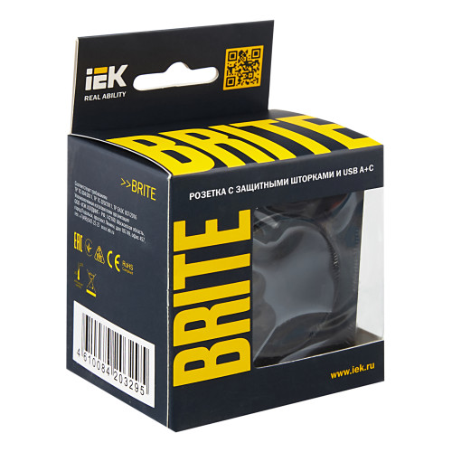 BRITE Розетка 1-местная с заземлением с защитными шторками 16А с USB A+C 18Вт РЮш11-1-БрЧ черный IEK