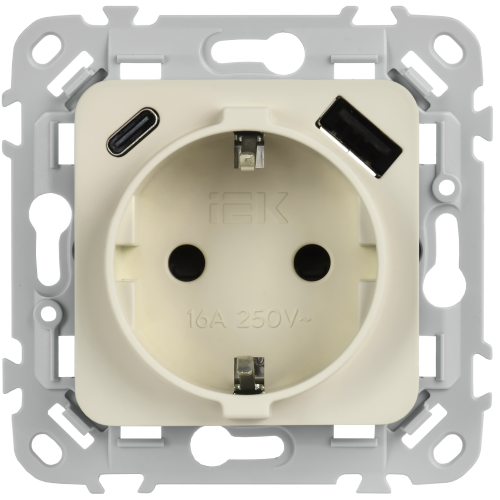 FLITE Розетка 1-местная с заземлением с защитными шторками 16А с USB A+C 20Вт безвинтовое крепление РСЮшс11-1-ФлЛ льняной IEK FLITE Розетка 1-местная с заземлением с защитными шторками 16А с USB A+C 20Вт безвинтовое крепление РСЮшс11-1-ФлЛ льняной IEK