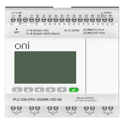 ПЛК 430 Модуль ЦПУ 4 DI 6 UI (0-10 В/DI) 2 UI (0-10 В/0-20 мА/DI) 6 RO 24В DC с Ethernet портом с экраном ONI ПЛК 430 Модуль ЦПУ 4 DI 6 UI (0-10 В/DI) 2 UI (0-10 В/0-20 мА/DI) 6 RO 24В DC с Ethernet портом с экраном ONI