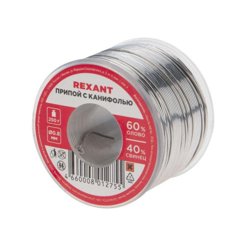 Припой с канифолью 250гр d0.8мм (Sn60 Pb40 Flux 2.2%) Rexant 09-3312 Припой с канифолью 250гр d0.8мм (Sn60 Pb40 Flux 2.2%) Rexant 09-3312