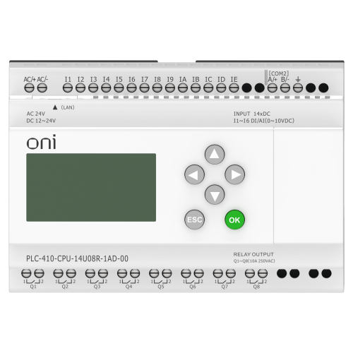 ПЛК 410 Модуль ЦПУ 8 DI 6 UI (0-10 В/DI) 8 RO 12В-24В DC или 24В AC с Ethernet портом с экраном ONI ПЛК 410 Модуль ЦПУ 8 DI 6 UI (0-10 В/DI) 8 RO 12В-24В DC или 24В AC с Ethernet портом с экраном ONI