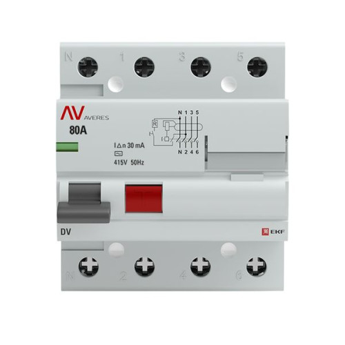 ВДТ DV 4P 80А 30мА тип AC эл-мех 10kA AVERES EKF ВДТ DV 4P 80А 30мА тип AC эл-мех 10kA AVERES EKF