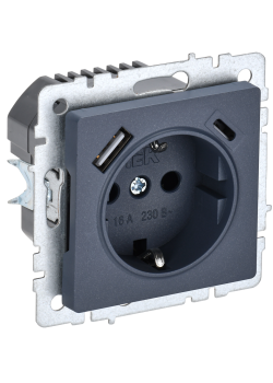 BRITE Розетка 1-местная с заземлением с защитными шторками 16А с USB A+C 18Вт РЮш11-1-БрМ маренго IEK