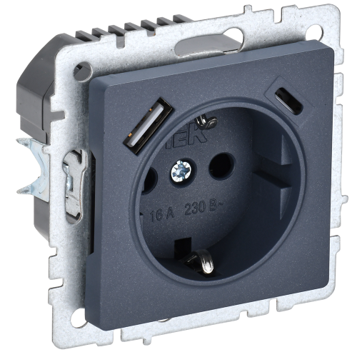 BRITE Розетка 1-местная с заземлением с защитными шторками 16А с USB A+C 18Вт РЮш11-1-БрМ маренго IEK