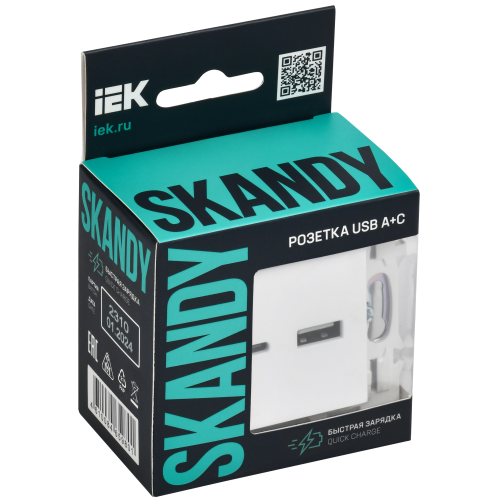 SKANDY Розетка USB A+C 18Вт SK-R13W арктический белый IEK SKANDY Розетка USB A+C 18Вт SK-R13W арктический белый IEK