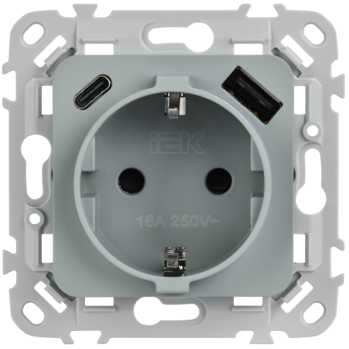 FLITE Розетка 1-местная с заземлением с защитными шторками 16А с USB A+C 20Вт безвинтовое крепление РСЮшс11-1-ФлС серый IEK FLITE Розетка 1-местная с заземлением с защитными шторками 16А с USB A+C 20Вт безвинтовое крепление РСЮшс11-1-ФлС серый IEK