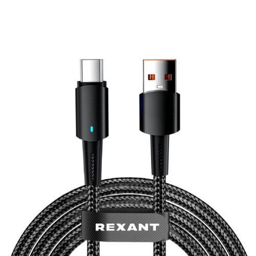 Кабель USB-A-Type-C 6А 66Вт 1м черн. нейлон. оплетка световая индикация Rexant 18-7064 Кабель USB-A-Type-C 6А 66Вт 1м черн. нейлон. оплетка световая индикация Rexant 18-7064