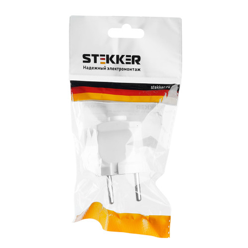 Вилка прямая б/з STEKKER, PPG10-43-201, пластик, 250В, 10A, IP20, белый