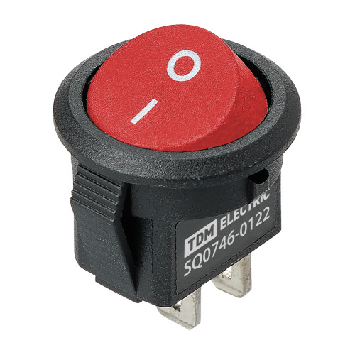 Выключатель клавишный круглый KCD11-101 250В AC/DC, 1P, 3А, (2с), ON-OFF, черный корпус, красная клавиша, Micro TDM Выключатель клавишный круглый KCD11-101 250В AC/DC, 1P, 3А, (2с), ON-OFF, черный корпус, красная клавиша, Micro TDM