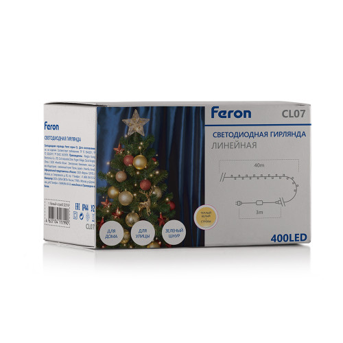 Светодиодная гирлянда Feron CL07 линейная 40м + 3м 230V 2700К, c питанием от сети, эффектом стробов, зеленый шнур Светодиодная гирлянда Feron CL07 линейная 40м + 3м 230V 2700К, c питанием от сети, эффектом стробов, зеленый шнур