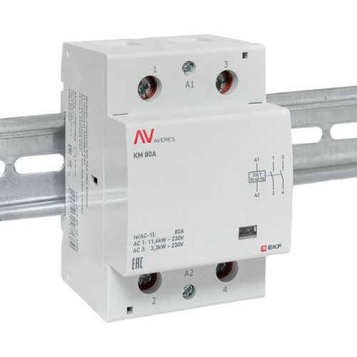 Контактор модульный КМ 80А 2NO 230В АС (3 мод.) AVERES EKF Контактор модульный КМ 80А 2NO 230В АС (3 мод.) AVERES EKF