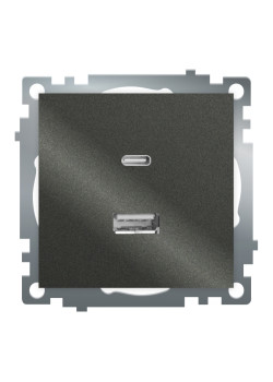 Розетка 2-местная USB + type C (механизм), 250В, 3А, max 20W, серия Катрин, графит, GLS10-7116-06