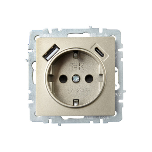BRITE Розетка 1-местная с заземлением с защитными шторками 16А с USB A+C 18Вт РЮш11-1-БрШ шампань IEK