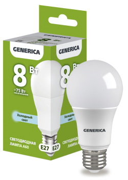 Лампа светодиодная A60 груша 8Вт 230В 6500К E27 GENERICA