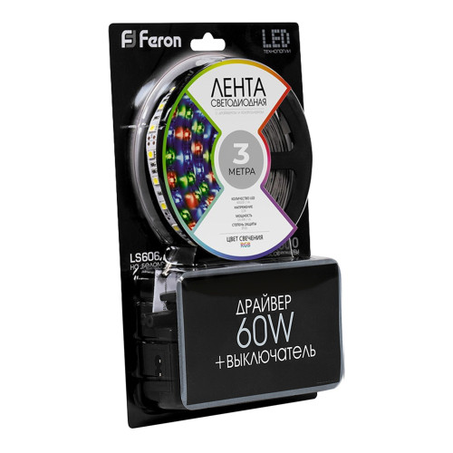 Светодиодная LED лента Feron LS606, 60SMD(5050)/m 14.4W/m 12V 3m RGB с адаптером с вилкой, контроллером с пультом в комплекте Светодиодная LED лента Feron LS606, 60SMD(5050)/m 14.4W/m 12V 3m RGB с адаптером с вилкой, контроллером с пультом в комплекте