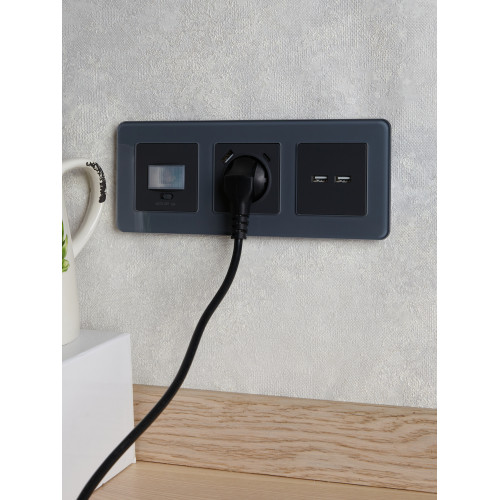 BRITE Розетка 1-местная с заземлением с защитными шторками 16А с USB A+C 18Вт РЮш11-1-БрГ графит IEK