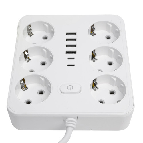 Удлинитель 6-местный c/з 3x1 мм2, 3 м, 250В, 10А, 4USB+2Type-C 2,4А, серия Home plus, белый STEKKER HM09-66-02 Удлинитель 6-местный c/з 3x1 мм2, 3 м, 250В, 10А, 4USB+2Type-C 2,4А, серия Home plus, белый STEKKER HM09-66-02