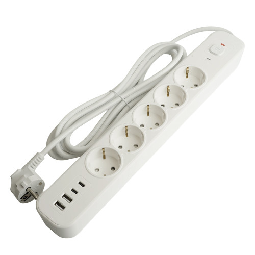 Сетевой фильтр 5-местный с/з STEKKER 3x1мм2, 3 м, 250В, 16А, 2 USB-A+2 Type-C 3, серия Nova, белый