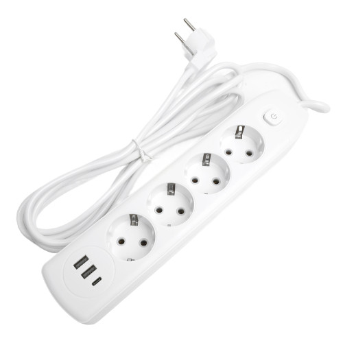 Удлинитель 4-местный c/з 3x1 мм2, 3 м, 250В, 10А, 2USB+1Type-C 2,4А, серия Home plus, белый STEKKER HM08-43-02 Удлинитель 4-местный c/з 3x1 мм2, 3 м, 250В, 10А, 2USB+1Type-C 2,4А, серия Home plus, белый STEKKER HM08-43-02