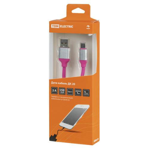 Дата-кабель, ДК 20, USB - USB Type-C, 1 м, силиконовая оплетка, розовый, TDM