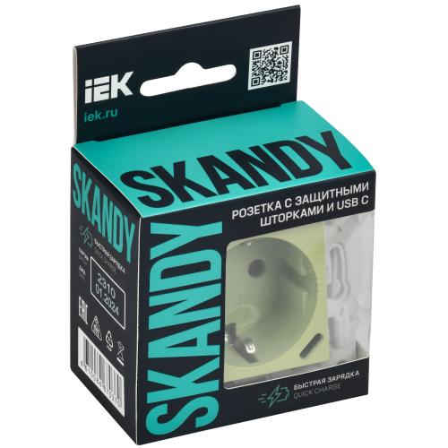 SKANDY Розетка с заземлением с защитными шторками 16А с USB C 18Вт SK-R17G мятный IEK