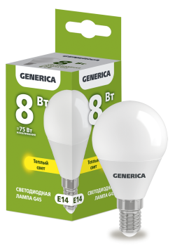 Лампа светодиодная G45 шар 8Вт 230В 3000К E14 GENERICA