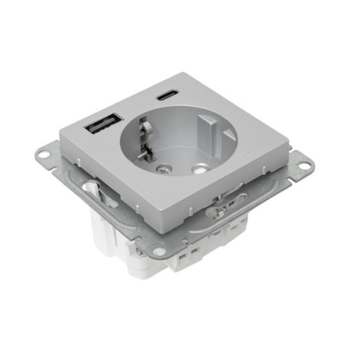 Механизм розетки с USB-A+С - 2шт, 16А, с заземлением, со шторками, алюм. Эпика EKF Механизм розетки с USB-A+С - 2шт, 16А, с заземлением, со шторками, алюм. Эпика EKF