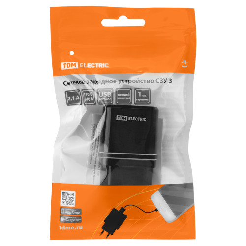 Сетевое зарядное устройство, СЗУ 3, 2,1 А, 1 USB, черный, TDM