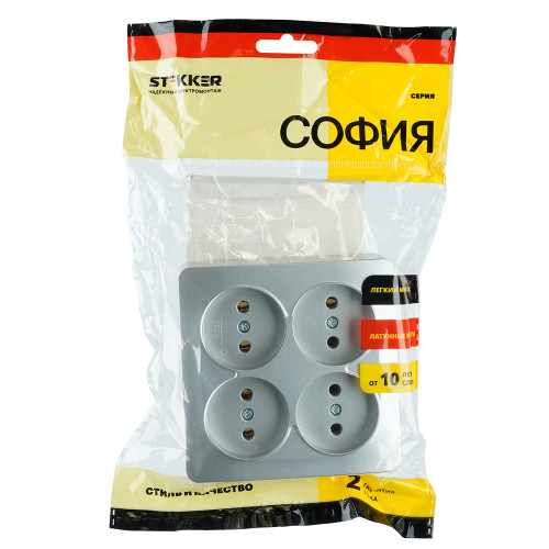 Розетка 4-местная б/з открытой установки, квадрат, STEKKER, 250В, 10А, IP20, серия София, серебро, MST10-14S-03 Розетка 4-местная б/з открытой установки, квадрат, STEKKER, 250В, 10А, IP20, серия София, серебро, MST10-14S-03