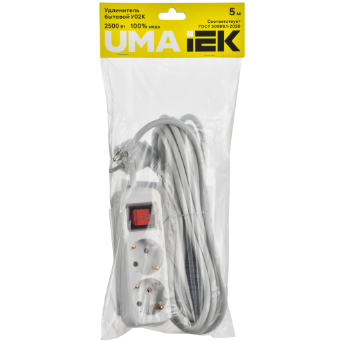 Удлинитель У02К 2 места 2P+PE 5м 3х1мм2 10А белый UMA IEK