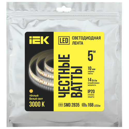 Лента светодиодная 5м SMD2835 168LED/м 14Вт/м IP20 ширина 10мм 24В теплый белый IEK