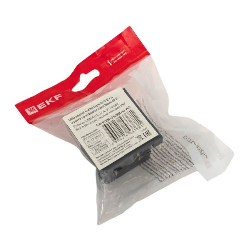 Розетка USB A+C, 2.1А, 2 гнезда, без индикатора, черная, матовая EKF Розетка USB A+C, 2.1А, 2 гнезда, без индикатора, черная, матовая EKF