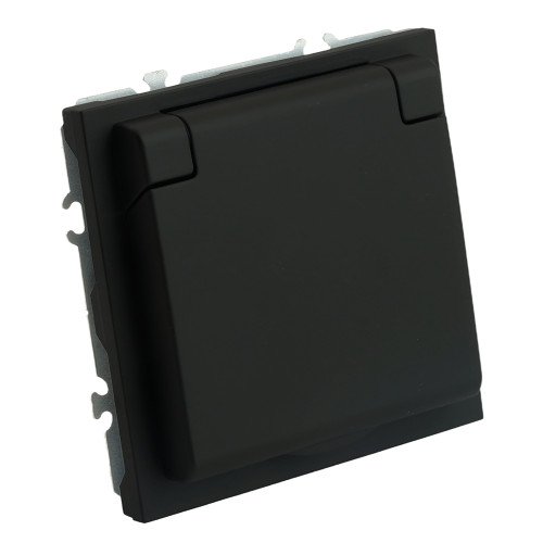 RST16-5113-05 Розетка 1-местная с крышкой с защ. штор STEKKER, б/з, IP42, 250В, 16А, серия Эмили, RST16-5113-05, черный уголь, soft touch