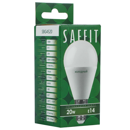 Лампа светодиодная SAFFIT SBG4520 Шарик E14 20W 230V 6400K Лампа светодиодная SAFFIT SBG4520 Шарик E14 20W 230V 6400K