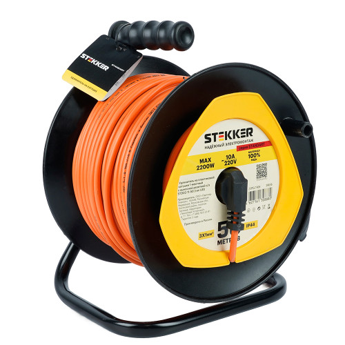 Удлинитель на пластиковой катушке Stekker STD02-11-50 (UG), 50м, 1 гнездо, с/з 3*1, оранжевый, серия Standart