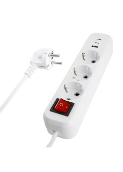Удлинитель 3-местный с/з с выключ. STEKKER HM071-31-05 3x1мм2, 5м, 250В, 16А, 1USB+2C, 2.4A, сер Home, белый