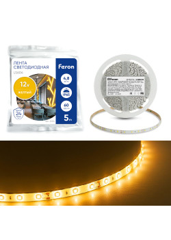 Светодиодная LED лента Feron LS604, 60SMD(2835)/m 4.8W/m 12V IP65 5m желтый
