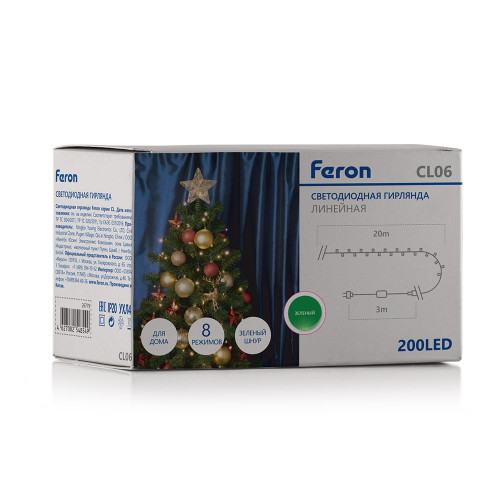 Светодиодная гирлянда Feron CL06 линейная 20м + 3м 230V зеленый, c питанием от сети, с контроллером, зеленый шнур Светодиодная гирлянда Feron CL06 линейная 20м + 3м 230V зеленый, c питанием от сети, с контроллером, зеленый шнур
