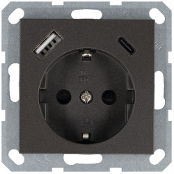 Розетка Shuko 16А с заземл. защ. шторки с 2-мя заряд. устройствами USB тип A+C 25Вт механизм мокко Jasmart G5501USB-25Z