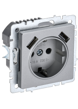 BRITE Розетка 1-местная с заземлением с защитными шторками 16А с USB A+A 5В 3,1А РЮш10-2-БрА алюминий IEK