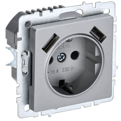 BRITE Розетка 1-местная с заземлением с защитными шторками 16А с USB A+A 5В 2,1А РЮш10-1-БрА алюминий IEK