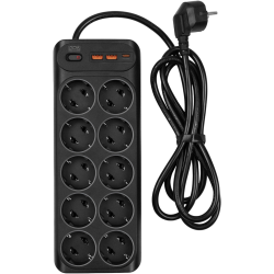 Сетевой фильтр-удлинитель/ PowerCom SP-10 USB2A1CB 1.8M, 10 розеток, черный, 16А, 4кВт, 204Дж, защитные шторки, защита от КЗ, перегрузки и импульсных помех, один порт USB-C(PD20W) и два USB-A(QC3.0) суммарной мощностью 15Вт, кабель 3x1 мм2, ШхГхВ 268х105х