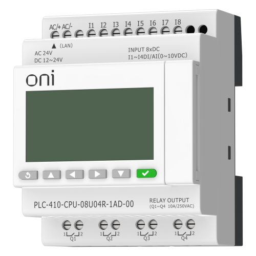 ПЛК 410 Модуль ЦПУ 4 DI 4 UI (0-10 В/DI) 4 RO 12В-24В DC или 24В AC с Ethernet портом с экраном ONI ПЛК 410 Модуль ЦПУ 4 DI 4 UI (0-10 В/DI) 4 RO 12В-24В DC или 24В AC с Ethernet портом с экраном ONI