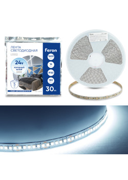 Светодиодная LED лента Feron LS502, 180SMD(2835)/м 16Вт/м 24V 30000*10*1.22мм 6000К 30м IP20